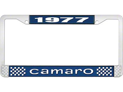 1977 Camaro Style1 License Plate Frame -Blue and Chrome with White Lettering
