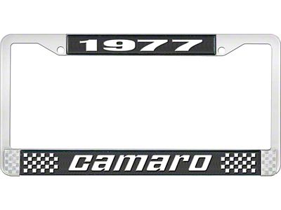 1977 Camaro Style2 License Plate Frame - Black and Chrome with White Lettering