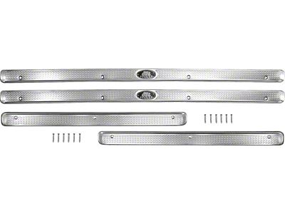 1955-1957 150, 210, Bel Air Door Sill Plates; with Riveted Fisher Coach Emblem; 4 Door; 4 Piece Set; GM Licensed