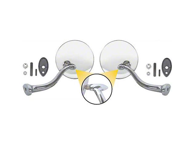 Outside Rear View Mirrors - Round Head - With Swan Neck Style Arm - Polished Stainless Steel Head - Chrome Arm - Right & Left - Ford & Mercury