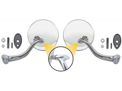 Outside Rear View Mirrors - Round Head - With Swan Neck Style Arm - Polished Stainless Steel Head - Chrome Arm - Right & Left - Ford & Mercury