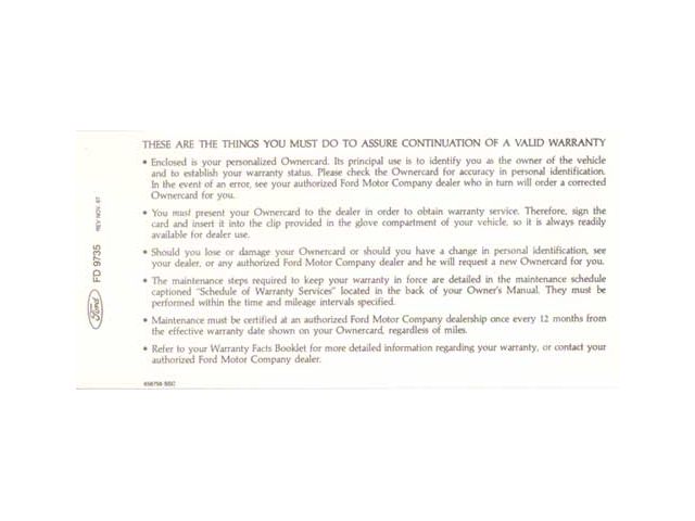 Personalized Warranty Card Instruction Sheet - Through Early 1969 Falcon