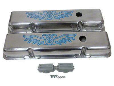 Polished Aluminum Chevy Small Block 283-400 Short Valve Covers, Blue V8 Logo