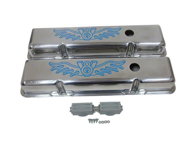 Polished Aluminum Chevy Small Block 283-400 Short Valve Covers, Blue V8 Logo