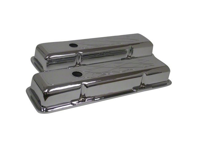 Polished Aluminum Chevy Small Block 283-400 Short Valve Covers, Flamed