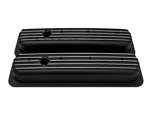 Polished Aluminum Chevy Small Block Short Center Bolt Valve Covers, Full Finned, Black