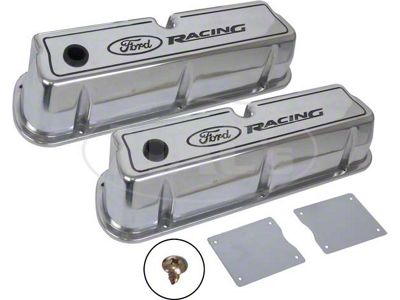 Polished Die-Cast Aluminum Valve Covers with Black Ford Racing Logos, 289/302/351W V8