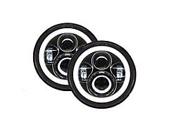 Quake LED Tempest 7-Inch Headlights with White DRL Halo and Amber Turn Signal; Black Housing; Clear Lens (70-76 Firebird)