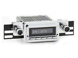 RetroSound RetroRadio Motor 1 Radio with Chrome Face, Chrome Bezel, Black Dot Metal Knobs and Early Ford Logo Vintage Overlay (64-66 Ranchero)