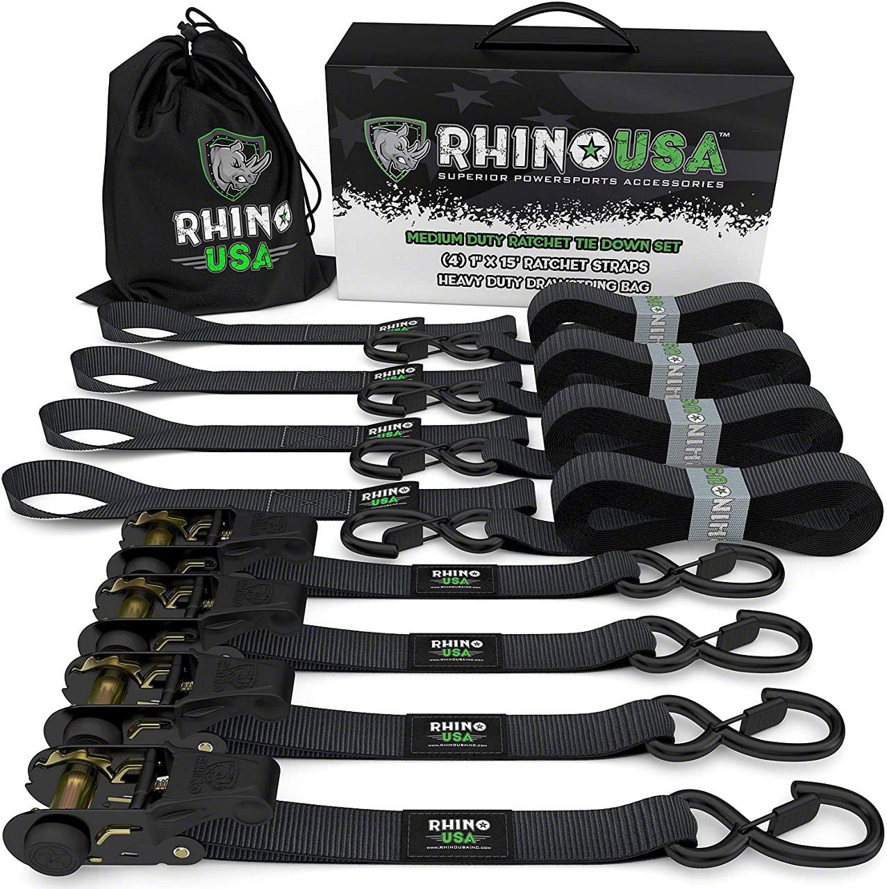 Rhino USA Ecklers Medium Duty Ratchet Strap TieDown Kit; 4Pack; Black