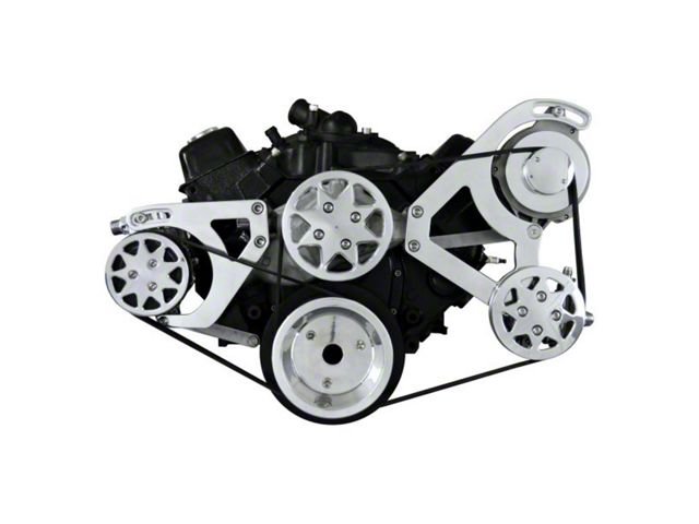 Small Block Chevy Serpintine Conversion Kit AC Configured With Accessories Polished 105 Amp Alternator