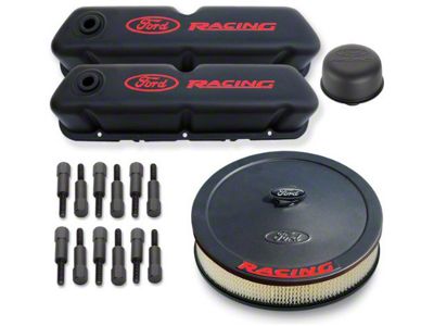 Small Block Ford V8 Engine Dress-Up Kit, Black Crinkle Finish with Red Emblems