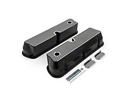 Speedmaster Ford 289/302/351 Windsor Nostalgic Finned Tall Aluminum Valve Covers with Holes; Black (Universal; Some Adaptation May Be Required)