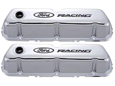 Stamped Steel Chrome Valve Covers, Pair, Ford Racing Logo, 289/302/351W