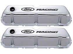 Stamped Steel Chrome Valve Covers with Black Ford Racing Logos, 289/302/351W V8