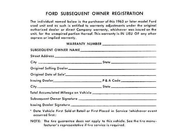 Subsequent Owner's Registration Sheet