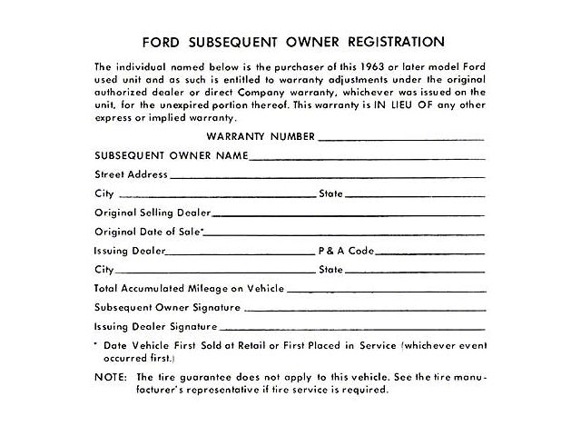 Subsequent Owner's Registration Sheet - Ford