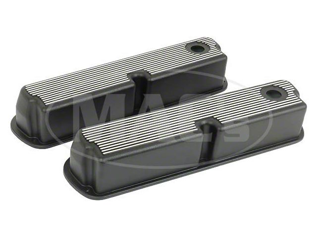 Tall-Design Black Valve Covers with Polished Aluminum Fins, 289/302/351W V8 (Using Small-Block V8 Ford Engine)
