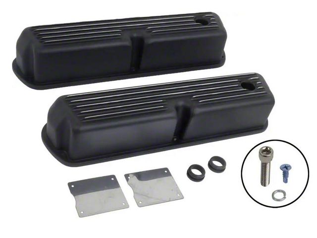 Tall Finned Aluminum Valve Covers, SB V8, Black, 1932-1985