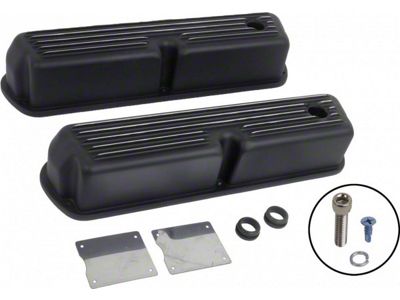 Tall Finned Aluminum Valve Covers, SB V8, Black, 1932-1985 (289-302-351W-5.0L V8)