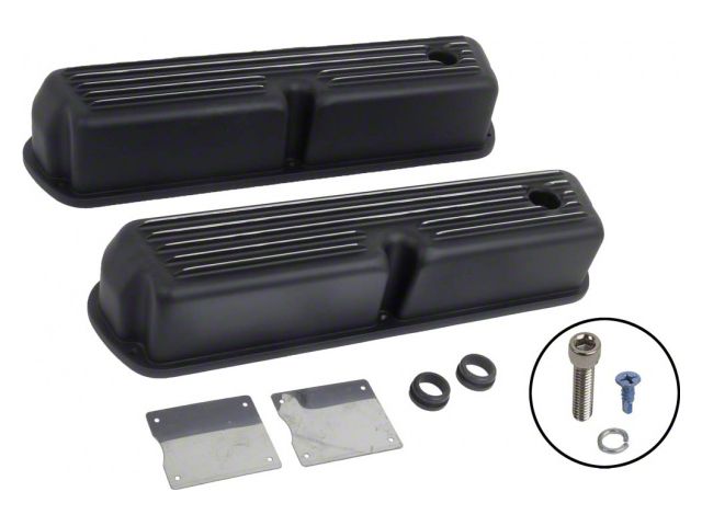 Tall Finned Aluminum Valve Covers, SB V8, Black, 1932-1985 (289-302-351W-5.0L V8)