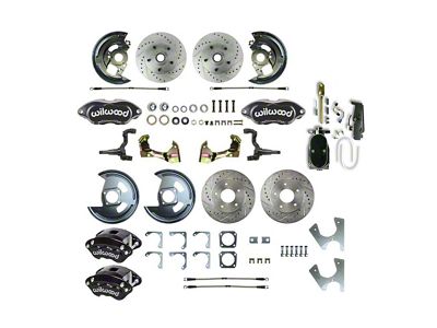 The Right Stuff Detailing Performance Series 2-Inch Drop 4-Wheel Manual Disc Brake Conversion Kit with Chrome Brake Booster/Master Cylinder; Black Calipers (68-69 Camaro w/ Staggered Shocks)