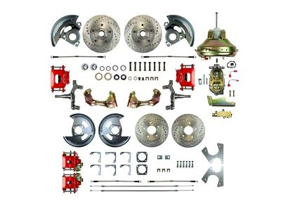 The Right Stuff Detailing Street Series 2-Inch Drop 4-Wheel Power Disc Brake Conversion Kit with Original Brake Booster/Master Cylinder; Red Calipers (1967 Camaro w/ Non-Staggered Shocks)