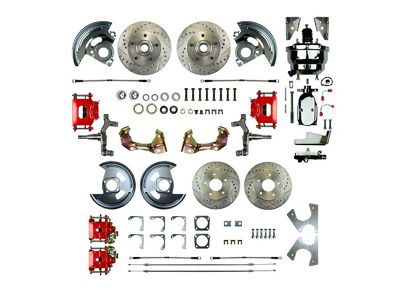 The Right Stuff Detailing Street Series 2-Inch Drop 4-Wheel Power Disc Brake Conversion Kit with Chrome Brake Booster/Master Cylinder; Red Calipers (1967 Camaro w/ Non-Staggered Shocks)