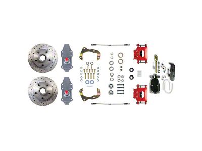 The Right Stuff Detailing Street Series 2-Inch Drop Front Manual Disc Brake Conversion Kit with Black Brake Booster/Master Cylinder; Red Calipers (55-57 150, 210, Bel Air, Nomad)