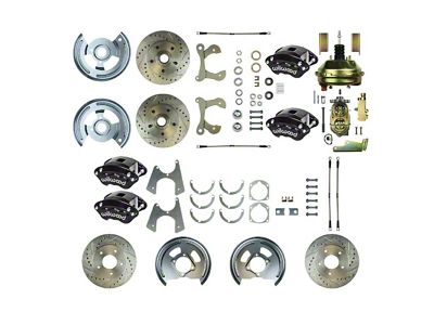 The Right Stuff Detailing Performance Series 9-Inch Booster 4-Wheel Power Disc Brake Conversion Kit with Chrome Brake Booster/Master Cylinder; Black Calipers (55-57 150, 210, Bel Air, Nomad)