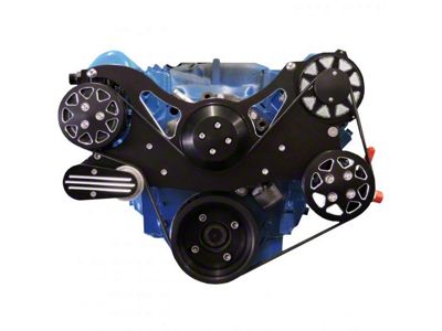 Ford 351 Cleveland Accessory Drive Serpentine Kit with Air Conditioning and Power Steering Pulleys and Flex Fan; Black Silverline