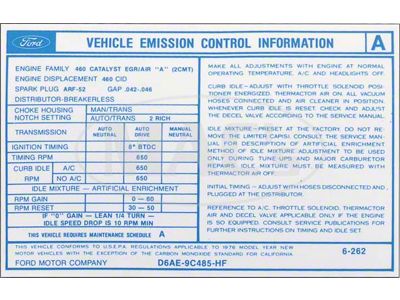 Torino/Ranchero Emission Decal, 460 AT, 1976