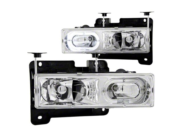 Crystal Halo Headlights; Chrome Housing; Clear Lens (88-00 C1500, C2500, C3500, K1500, K2500, K3500)