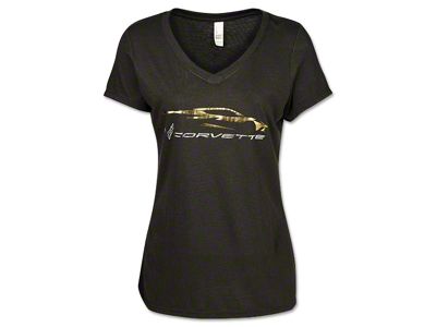 Women's C8 Corvette Racing Logos and Side Profile Fitted T-Shirt; Black