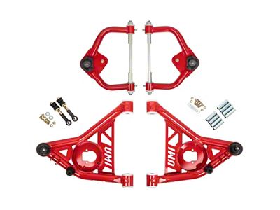UMI Performance Tubular Front Upper and Lower A-Arm Kit; Delrin Bushings; Red (70-81 Camaro)