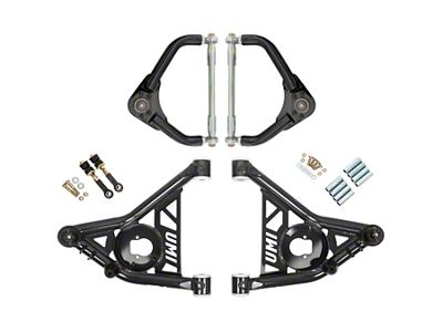 UMI Performance Adjustable Tubular Front Upper and Lower A-Arm Kit with Tall Ball Joints; Delrin Bushings; Black (70-81 Camaro)