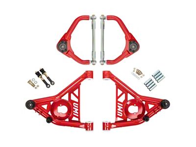 UMI Performance Adjustable Tubular Front Upper and Lower A-Arm Kit with Tall Ball Joints; Delrin Bushings; Red (70-81 Camaro)
