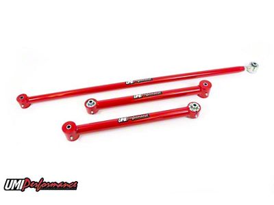 UMI Performance Rear Lower Control Arm and Single Adjustable Panhard Bar Kit; Roto-Joints; Red (82-92 Camaro)