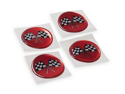 Crossed Checkered Flag Wheel Emblems; Red Sunburst; 1-3/4 Inch Diameter; Set of 4 (55-79 Ford Thunderbird)