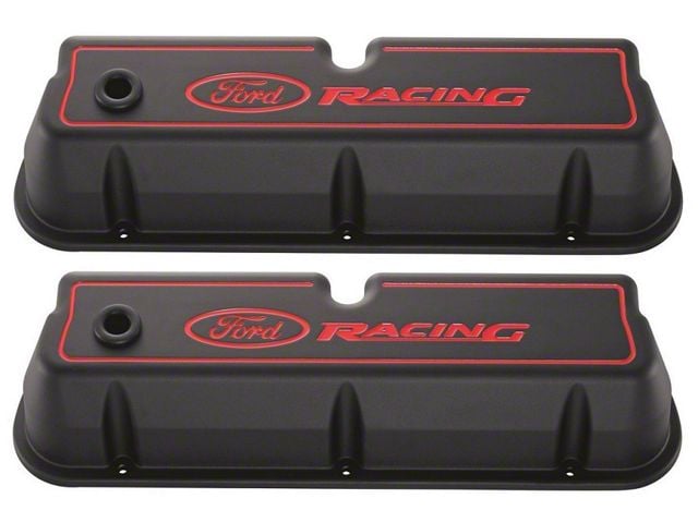 Valve Covers, Die-Cast Aluminum With Red Emblems, Black Crinkle Finish, Ford Racing Logo, Fits 289/302/351W
