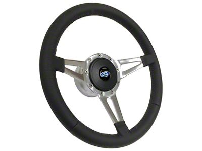 VSW Premium Leather 14-Inch Steering Wheel Kit with Blue Oval Emblem; Black (67-74 Bronco)