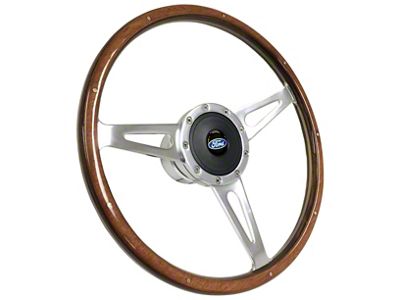 VSW GT350 Style Deluxe Wood 15-Inch Steering Wheel Kit with Blue Oval Emblem; Walnut (64-69 Thunderbird)