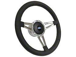 VSW Premium Leather 14-Inch Steering Wheel Kit with Blue Oval Emblem; Black (64-69 Thunderbird)