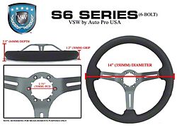 VSW S6 Sport Leather Series 14-Inch Steering Wheel; 3-Spoke with Slots; Black with Red Stitching and Brushed Center (Universal; Some Adaptation May Be Required)