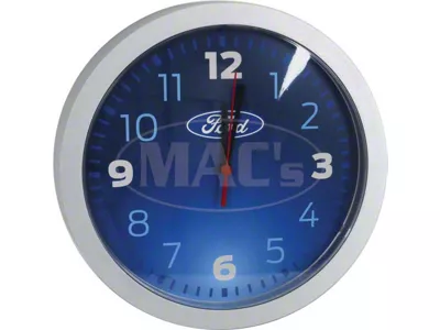Wall Clock, Metallic, Silver & Blue, W/ Oval, Ford
