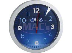Wall Clock, Metallic, Silver & Blue, W/ Oval, Ford