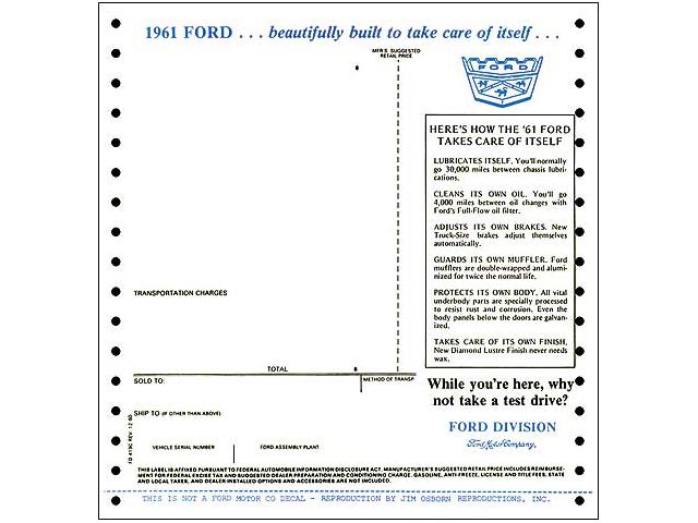 Window Decal - New Car Window Price Sticker - Ford
